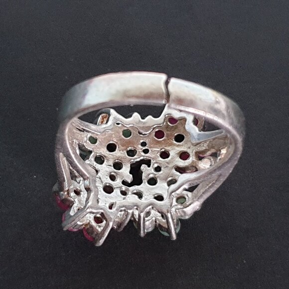 One-of-a-Kind Vintage Natural Emerald, Ruby & Sapphire 925 Silver Statement Ring - Picture 14 of 14